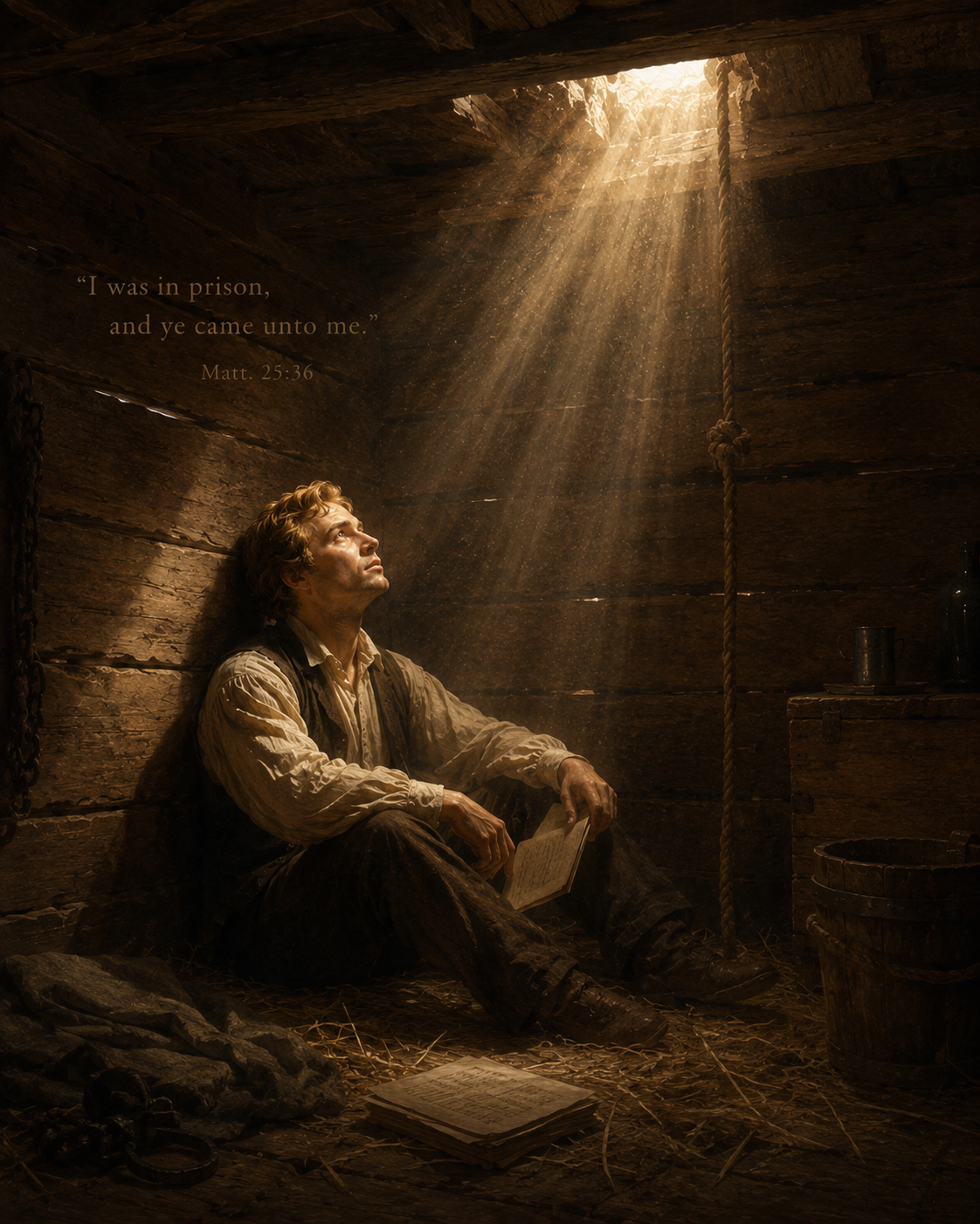 A depiction of Joseph Smith imprisoned in Liberty Jail, with the words: I was in prison, and ye came unto me. Matthew 25:36